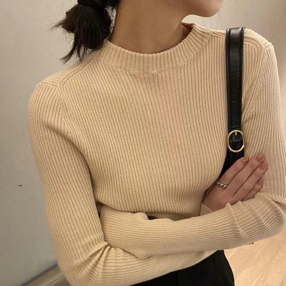 Mock Neck 100% Cotton Sweater Crew Neck Ribbed Top Women