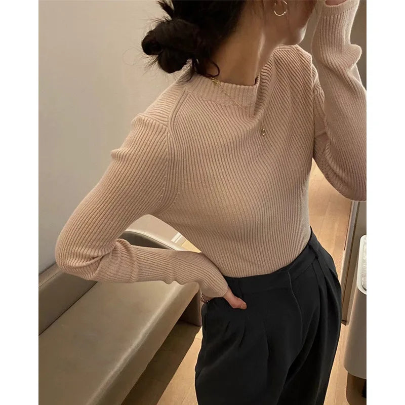 Mock Neck 100% Cotton Sweater Crew Neck Ribbed Top Women