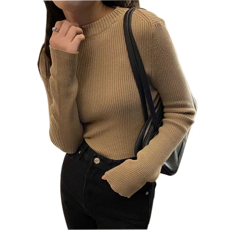 Mock Neck 100% Cotton Sweater Crew Neck Ribbed Top Women