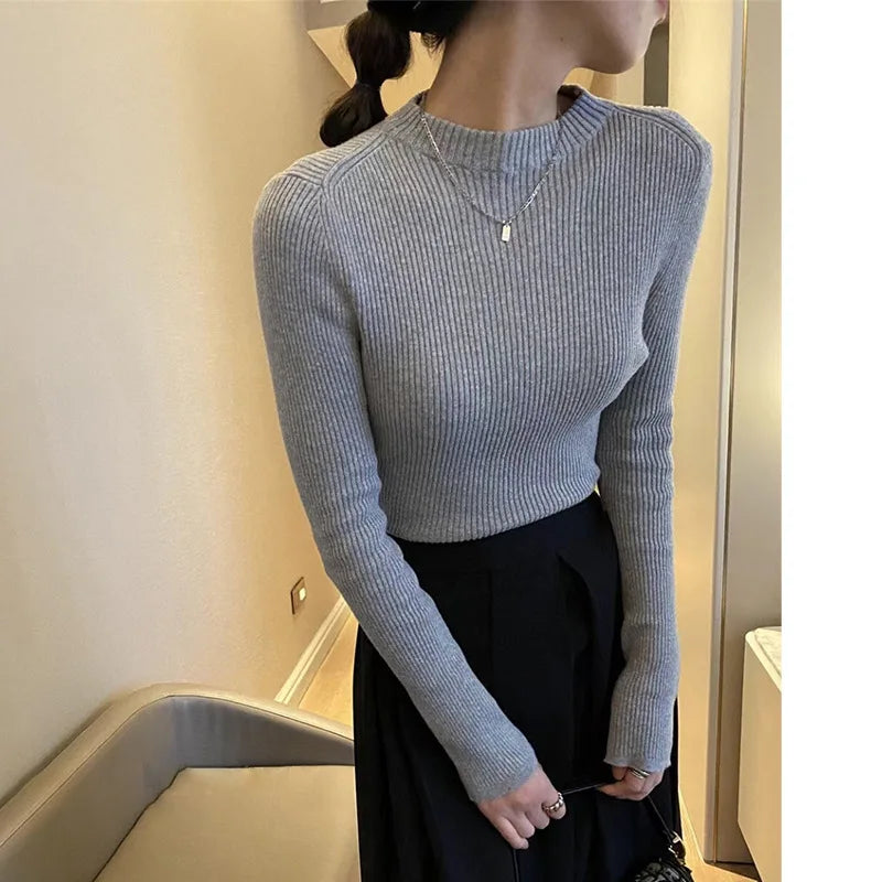 Mock Neck 100% Cotton Sweater Crew Neck Ribbed Top Women