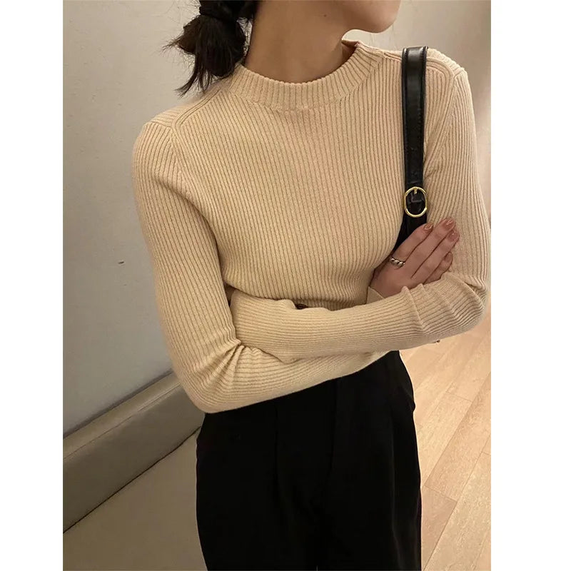 Mock Neck 100% Cotton Sweater Crew Neck Ribbed Top Women