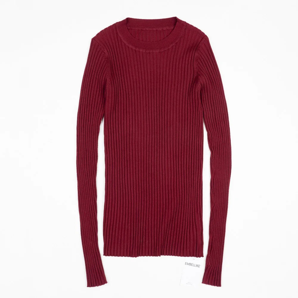 Women Sweater Pullover Basic Crew Neck Ribbed Tops Solid Knitted Jumper With Thumb Hole