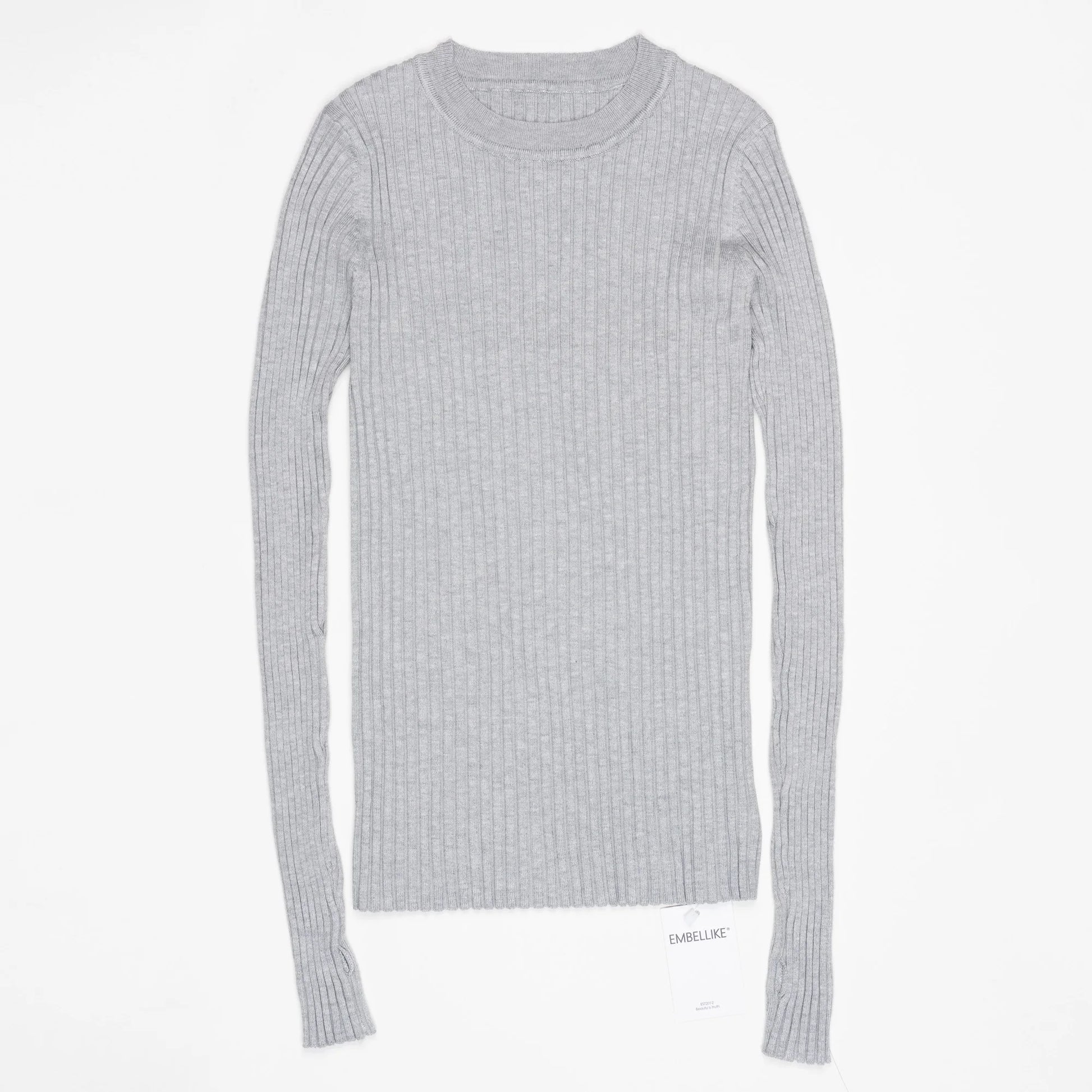 Women Sweater Pullover Basic Crew Neck Ribbed Tops Solid Knitted Jumper With Thumb Hole