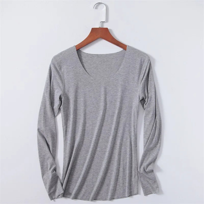 Women Basic Long Sleeve T Shirts Essential Light Weight Scoop Neck Tops Raw Trims