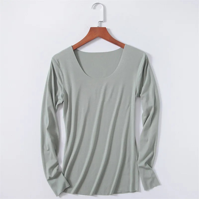 Women Basic Long Sleeve T Shirts Essential Light Weight Scoop Neck Tops Raw Trims