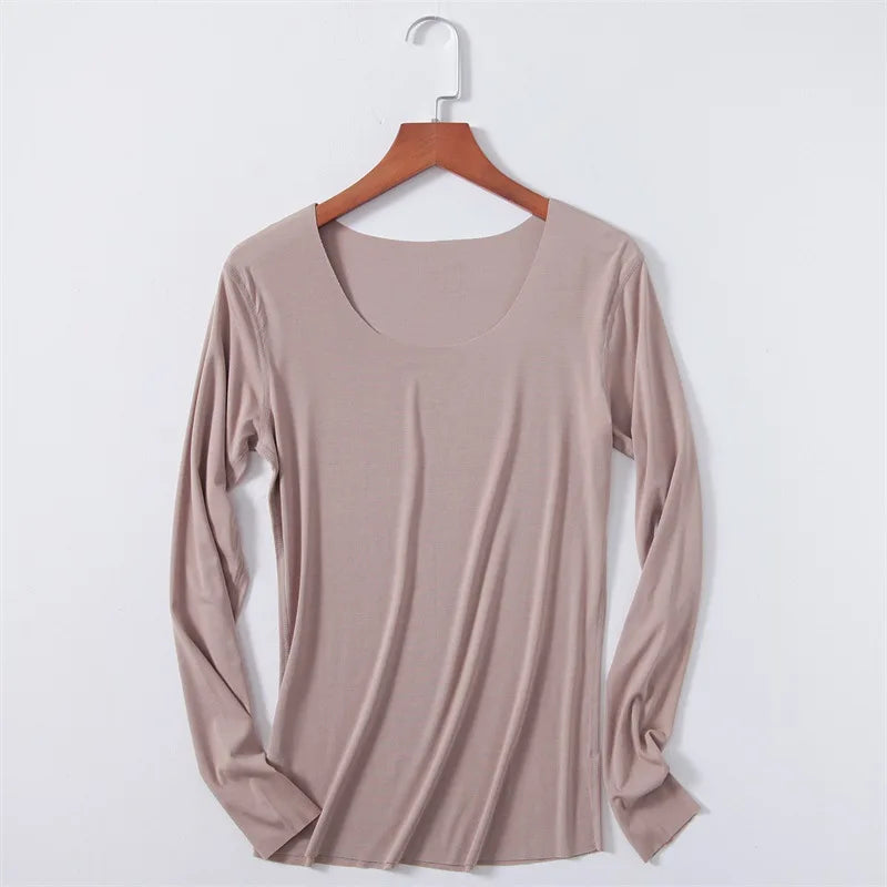 Women Basic Long Sleeve T Shirts Essential Light Weight Scoop Neck Tops Raw Trims