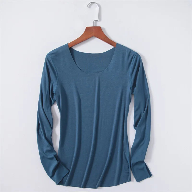 Women Basic Long Sleeve T Shirts Essential Light Weight Scoop Neck Tops Raw Trims