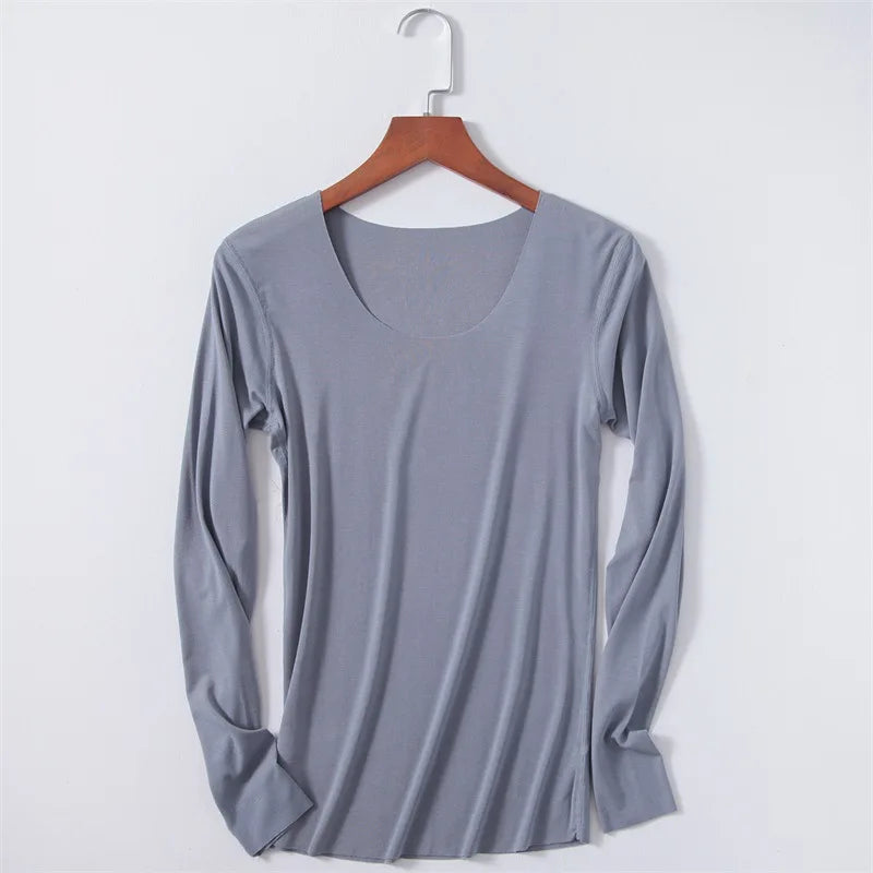 Women Basic Long Sleeve T Shirts Essential Light Weight Scoop Neck Tops Raw Trims