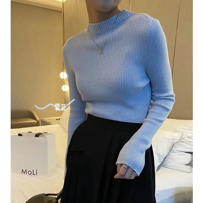 Mock Neck 100% Cotton Sweater Crew Neck Ribbed Top Women