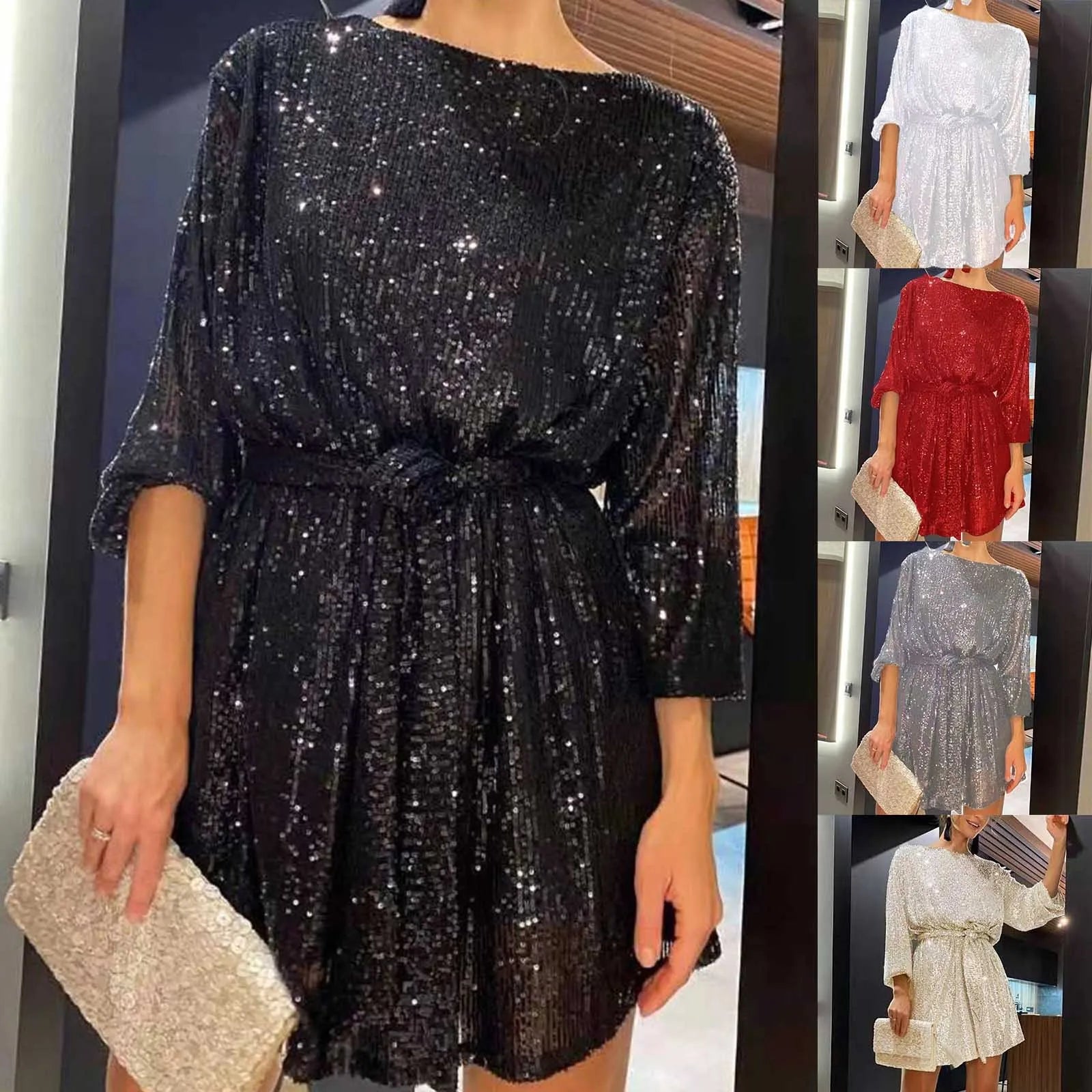 Womens Puff Long Sleeve Glitter Sequin Dress Wedding Bridesmaid Sparkly