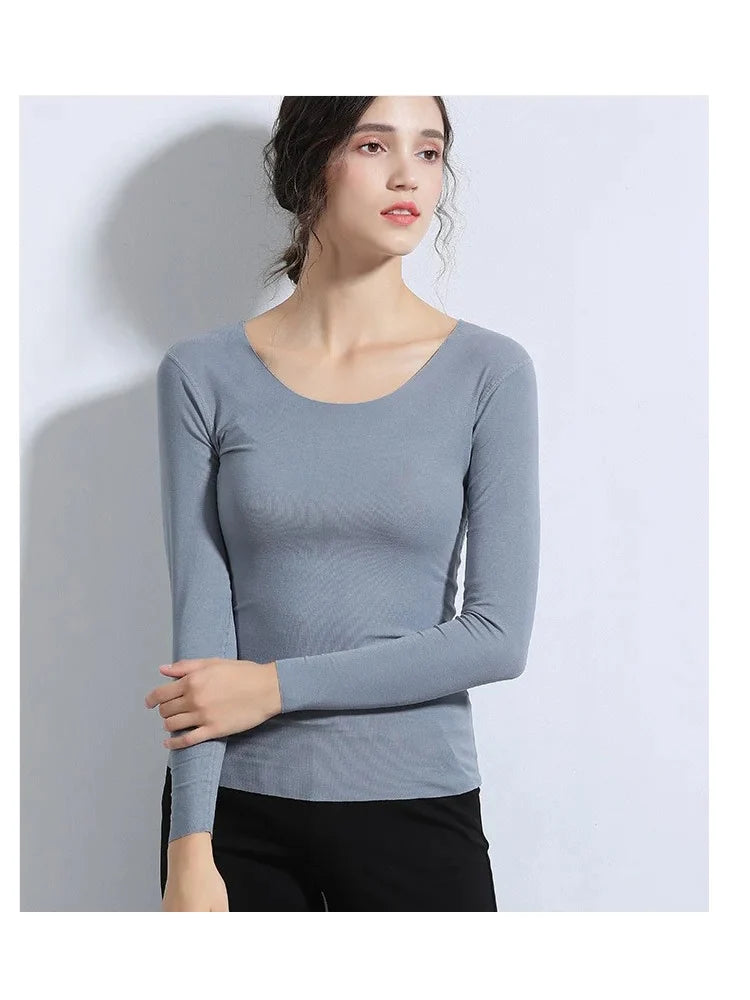 Women Basic Long Sleeve T Shirts Essential Light Weight Scoop Neck Tops Raw Trims