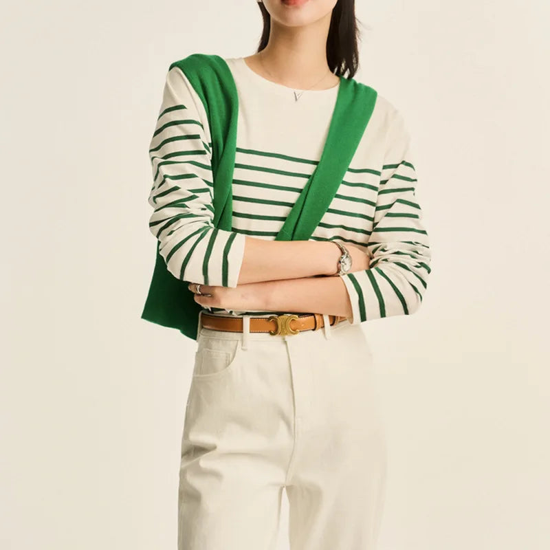 Marine Crew Neck Striped T Shirt Women Long Sleeve Combed Cotton Tops Tees Regular Fit S-XL