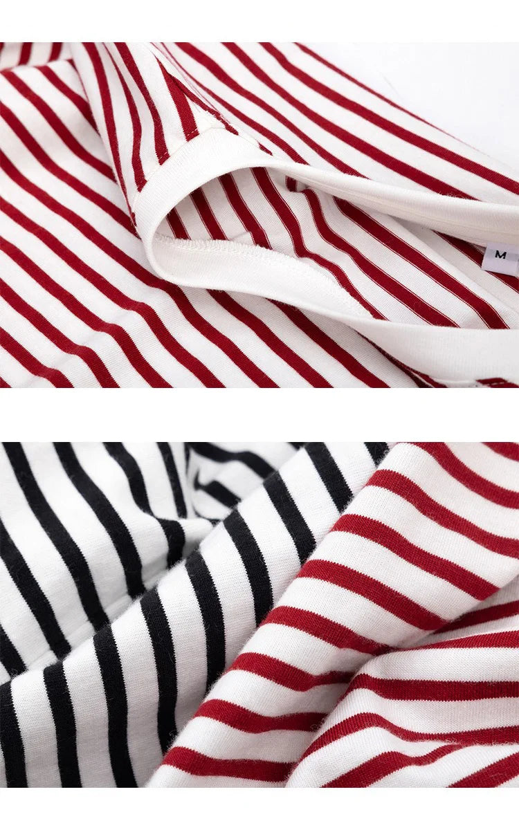 Long Sleeve Striped T Shirt Marine Cotton Crew Neck Loose Fit Women Tees Tops