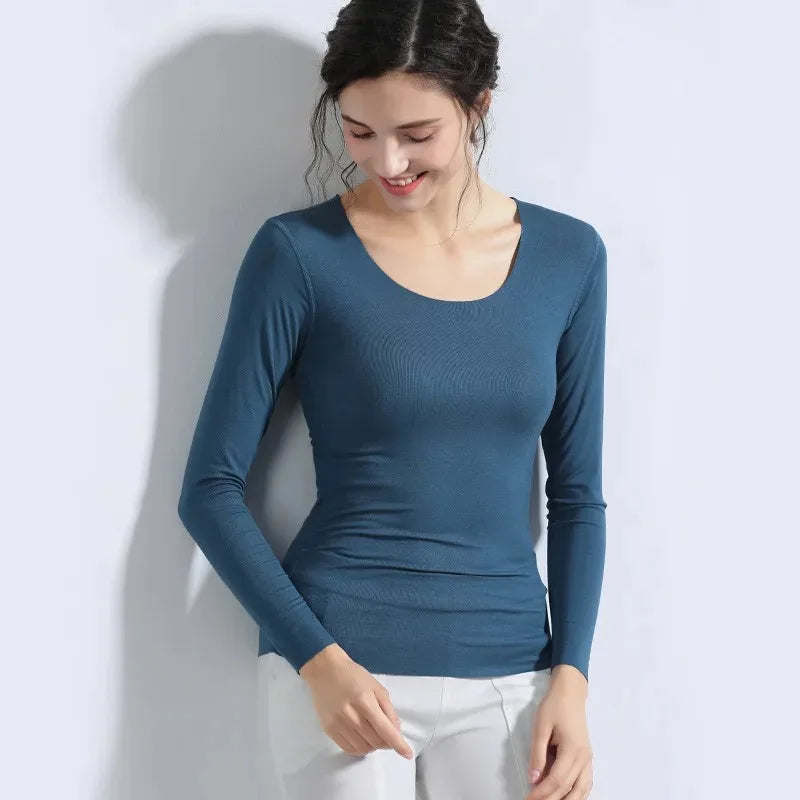 Women Basic Long Sleeve T Shirts Essential Light Weight Scoop Neck Tops Raw Trims