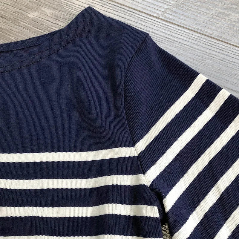Marine Crew Neck Striped T Shirt Women Long Sleeve Combed Cotton Tops Tees Regular Fit S-XL