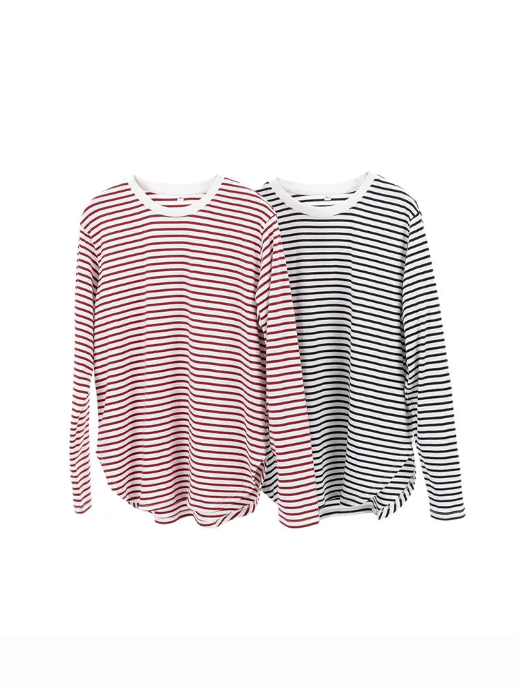 Long Sleeve Striped T Shirt Marine Cotton Crew Neck Loose Fit Women Tees Tops