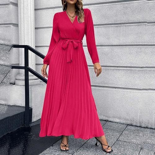 2025 Women's Autumn New Green Long-Sleeved Dress Lace Up Cross V-neck
