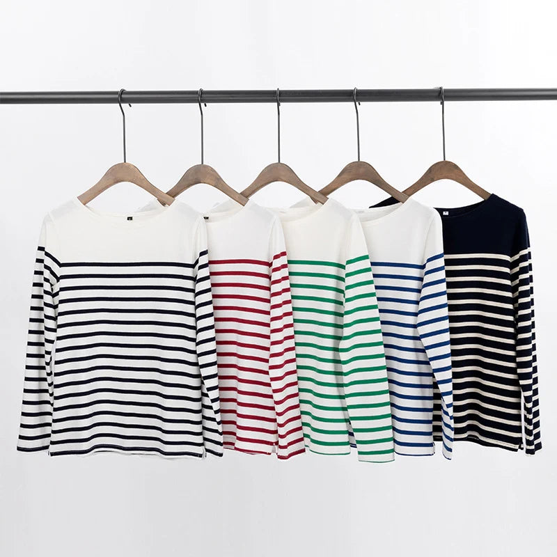 Marine Crew Neck Striped T Shirt Women Long Sleeve Combed Cotton Tops Tees Regular Fit S-XL