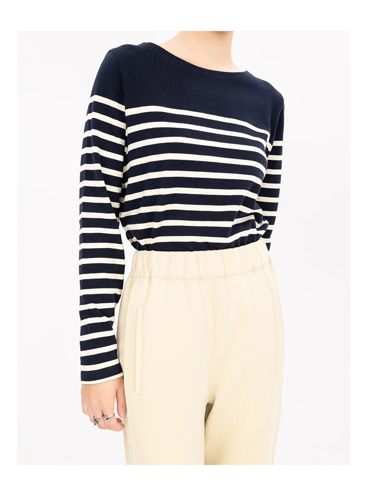 Marine Crew Neck Striped T Shirt Women Long Sleeve Combed Cotton Tops Tees Regular Fit S-XL