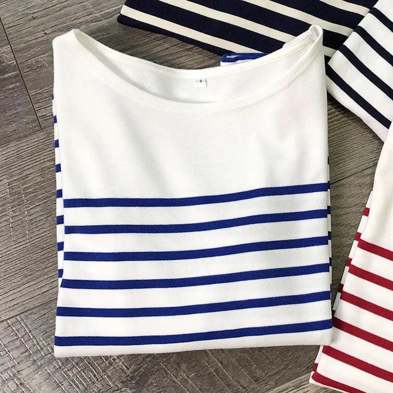Marine Crew Neck Striped T Shirt Women Long Sleeve Combed Cotton Tops Tees Regular Fit S-XL