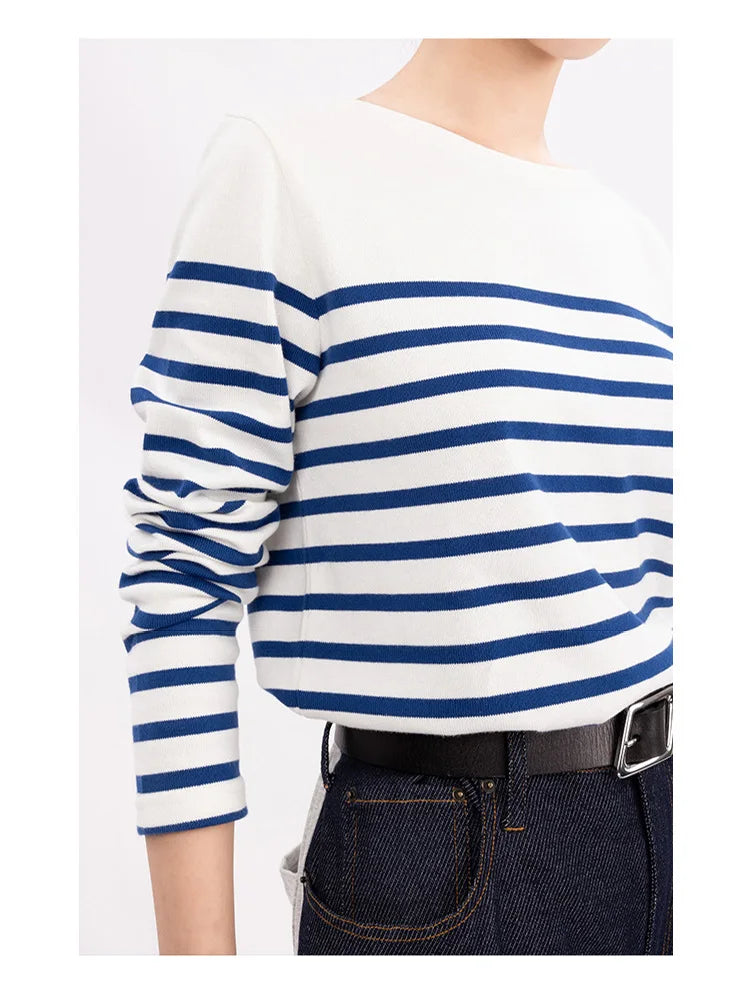 Marine Crew Neck Striped T Shirt Women Long Sleeve Combed Cotton Tops Tees Regular Fit S-XL