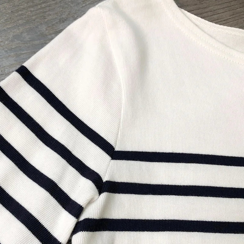 Marine Crew Neck Striped T Shirt Women Long Sleeve Combed Cotton Tops Tees Regular Fit S-XL