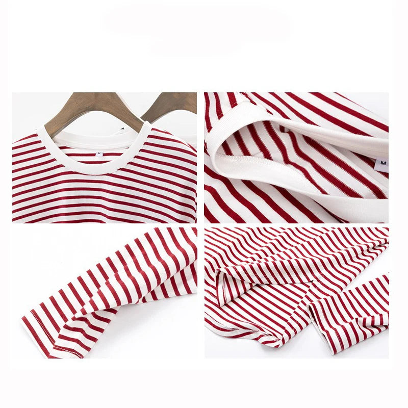 Long Sleeve Striped T Shirt Marine Cotton Crew Neck Loose Fit Women Tees Tops