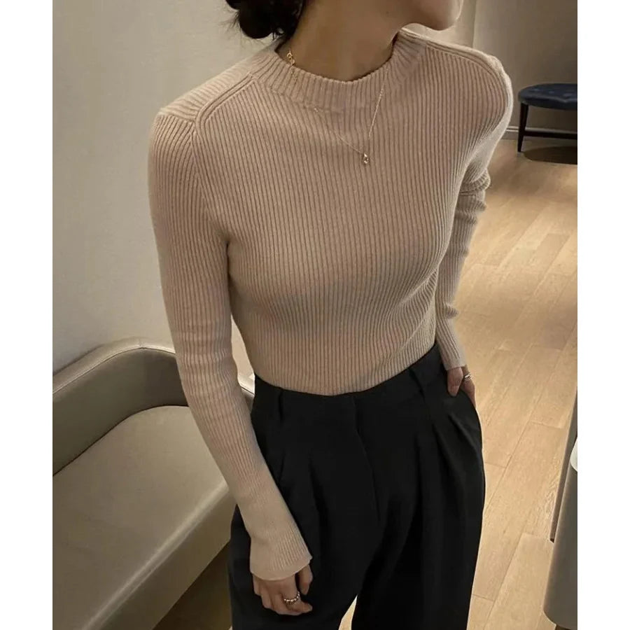 Mock Neck 100% Cotton Sweater Crew Neck Ribbed Top Women
