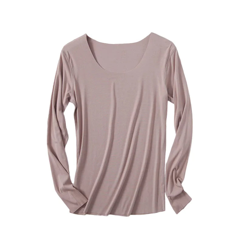 Women Basic Long Sleeve T Shirts Essential Light Weight Scoop Neck Tops Raw Trims